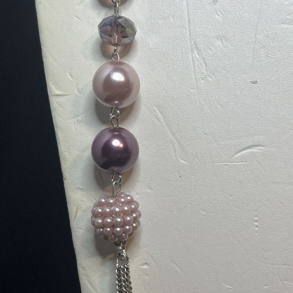 Roman 5 Strand Silver Tone Curb Chain Necklace With Pink & Purple Beads (3908) - Picture 2 of 5